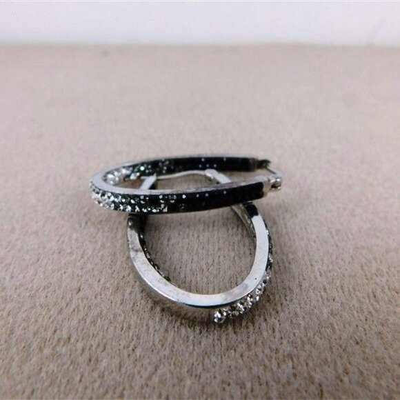 131/127   Midas 925 Malaysia Hoop Earrings Black / Clear Stones 1 1/2in - Picture 3 of 5